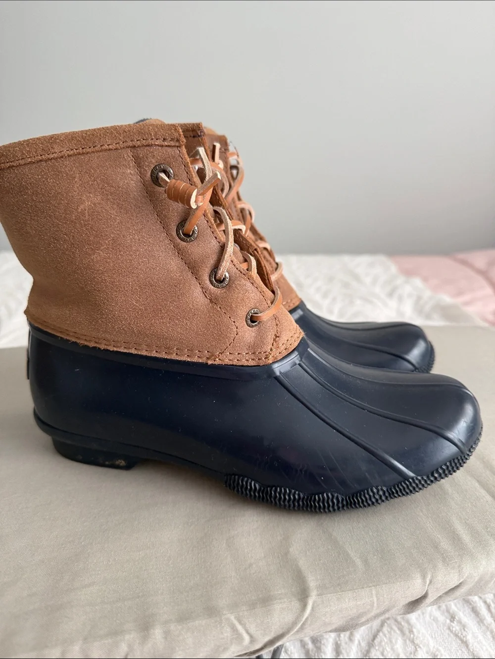 Sperry Two-Tone Lace-Up Duck Boots - Brown Suede & Black Rubber